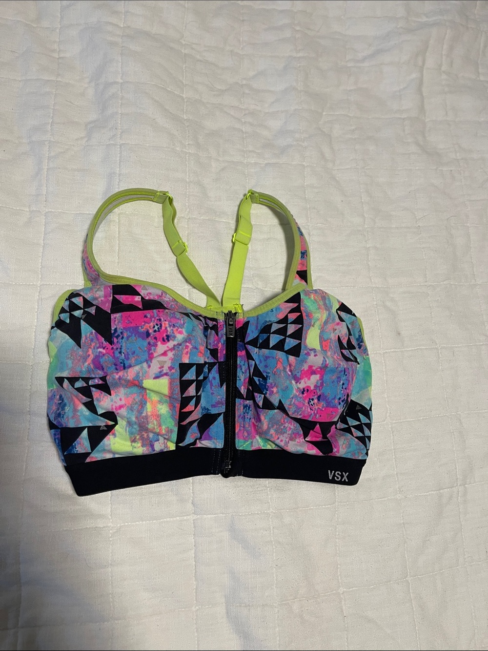VSX Neon Abstract Print Zip-Front Sports Bra